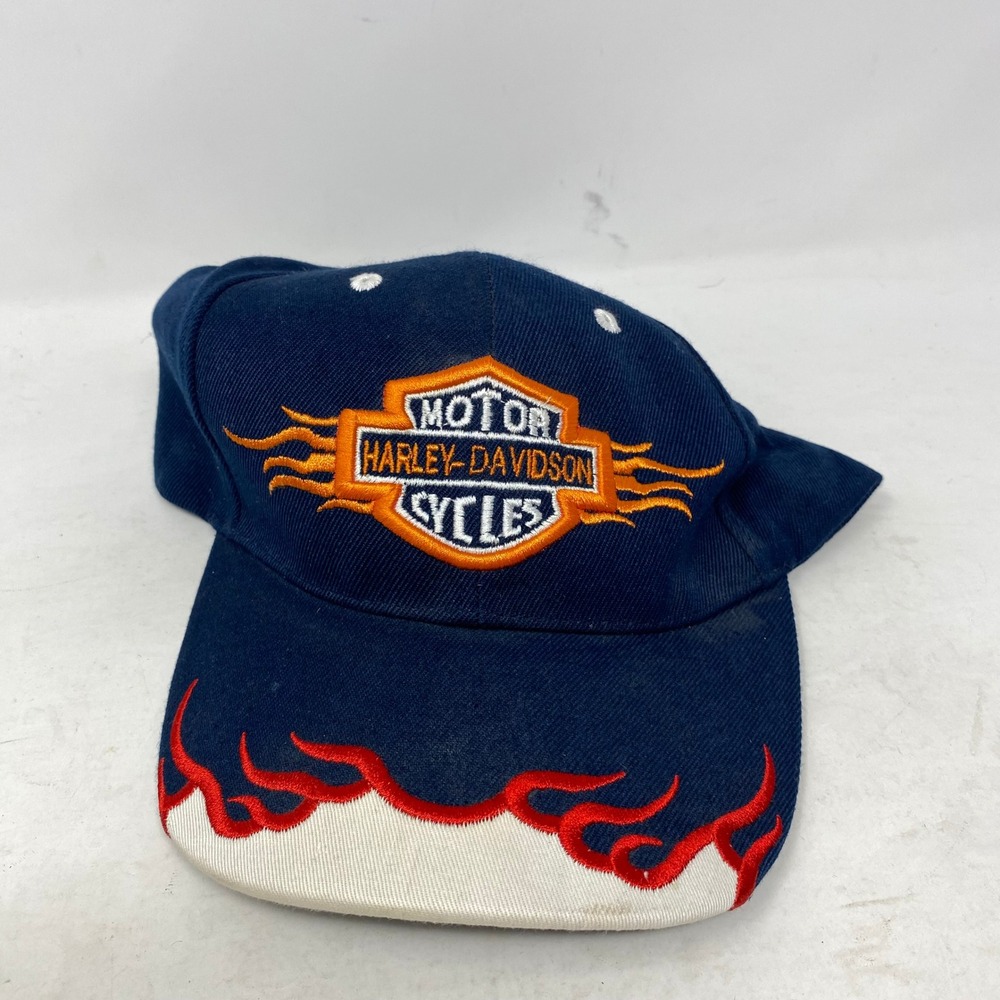 Harley-Davidson Navy Blue Wool Flame Embroidered Baseball Cap Hat Adjustable